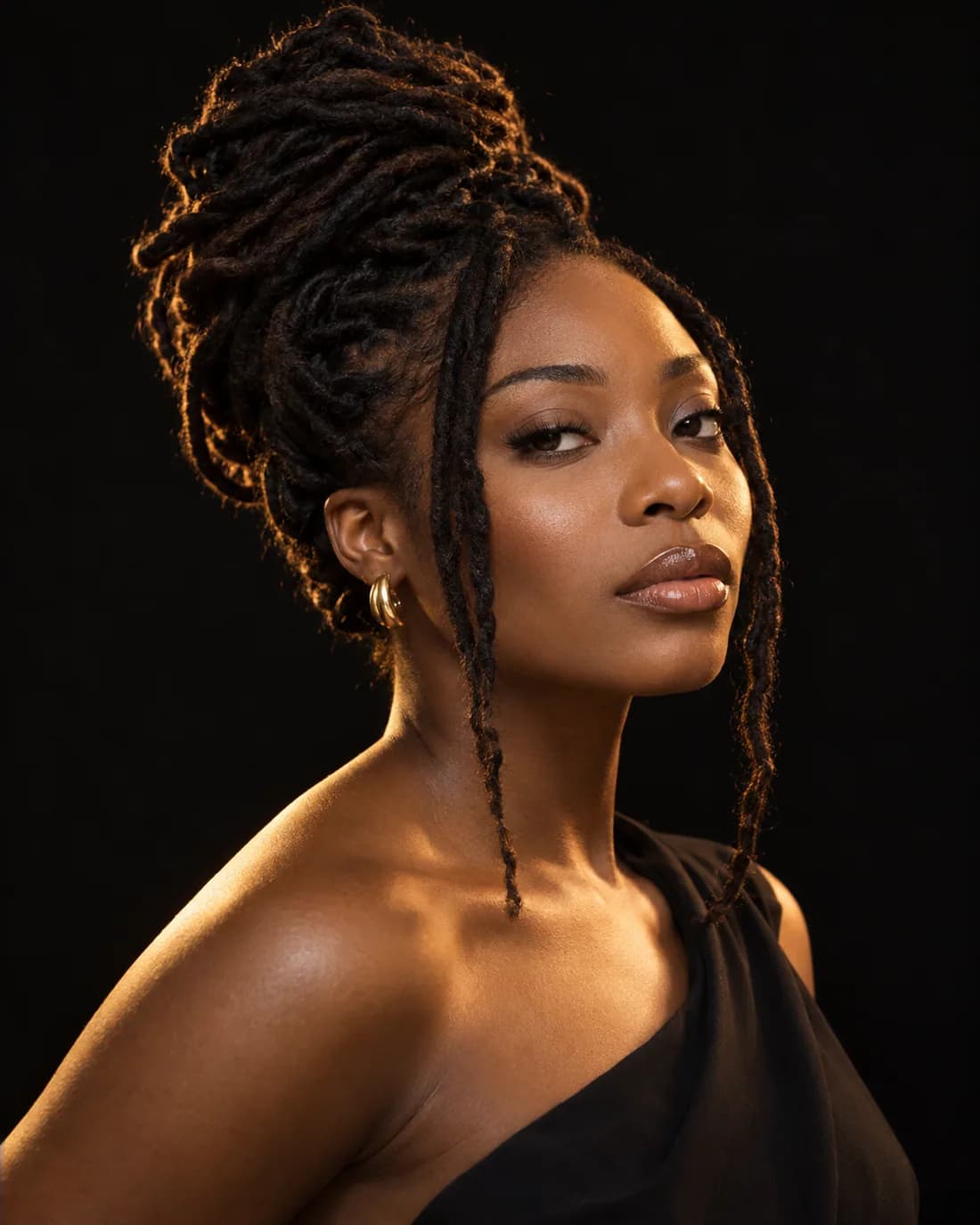 Editorial portrait featuring carefully styled locs
